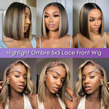 Load image into Gallery viewer, 12A Highlight Ombre 5X5 HD Transparent Lace Frontal Glueless Bob Wig Human Hair, Ombre Brown 4/27 Straight Wigs for Women Honey Blonde Pre Cut Pre Plucked 180% Density 12 Inch
