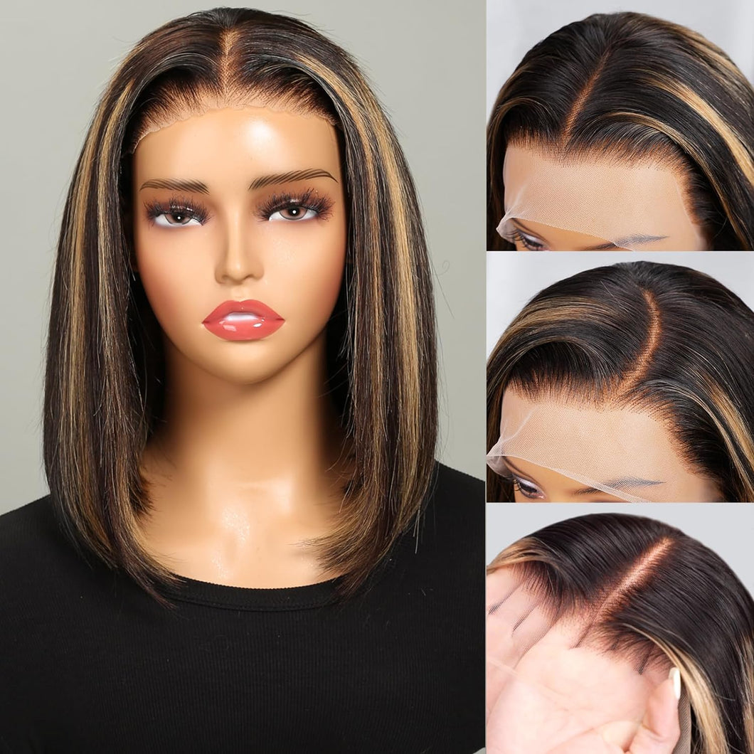 12A Highlight Ombre 5X5 HD Transparent Lace Frontal Glueless Bob Wig Human Hair, Ombre Brown 4/27 Straight Wigs for Women Honey Blonde Pre Cut Pre Plucked 180% Density 12 Inch