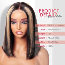 Load image into Gallery viewer, 12A Highlight Ombre 5X5 HD Transparent Lace Frontal Glueless Bob Wig Human Hair, Ombre Brown 4/27 Straight Wigs for Women Honey Blonde Pre Cut Pre Plucked 180% Density 12 Inch
